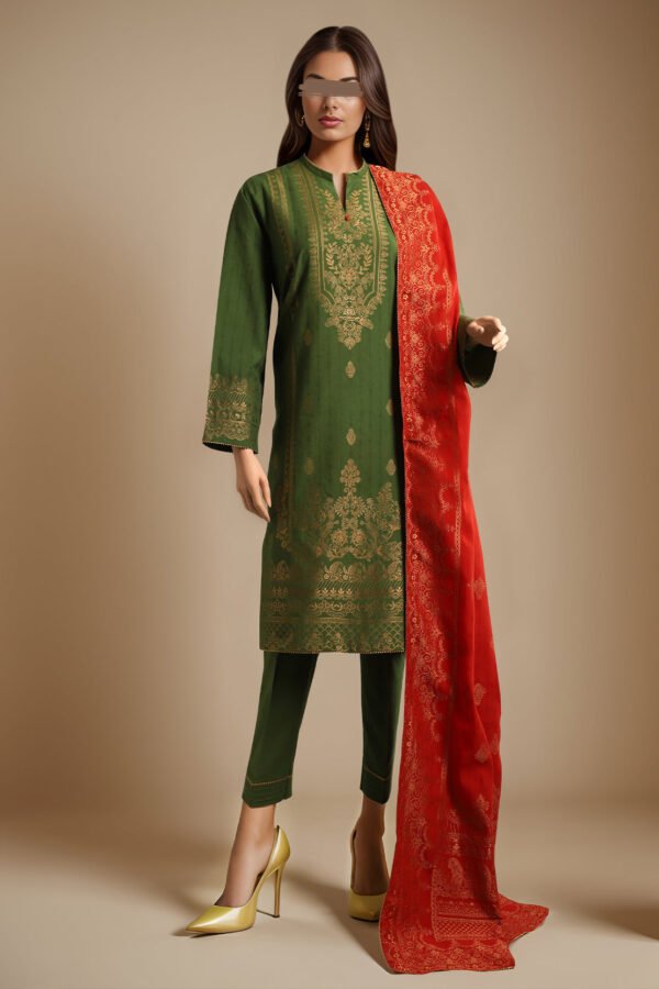Saya Unstitched Jacquard Cotton 3-Piece Suit in Moss Green – Premium Fabric | Buy Online at BegumJan.pk – Quality, Affordable, Guaranteed, and Refundable with 'Open, Check, and Pay' Service