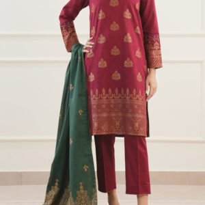 Saya Unstitched Jacquard Cotton 3-Piece Suit in Maroon – Premium Fabric | Buy Online at BegumJan.pk – Quality, Affordable, Guaranteed, and Refundable with 'Open, Check, and Pay' Service.