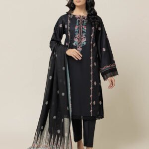 Wild Flower 3-Piece Black Embroidered Cambric Suit with Digital Printed Lawn Dupatta