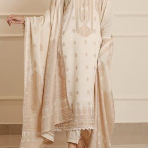 Unstitched Jacquard Cotton 3-Piece Suit – Cream | Shirt, Trouser & Dupatta