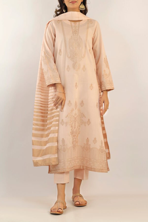 Unstitched Jacquard Cotton 3-Piece Suit – Peach | Shirt, Trouser & Dupatta