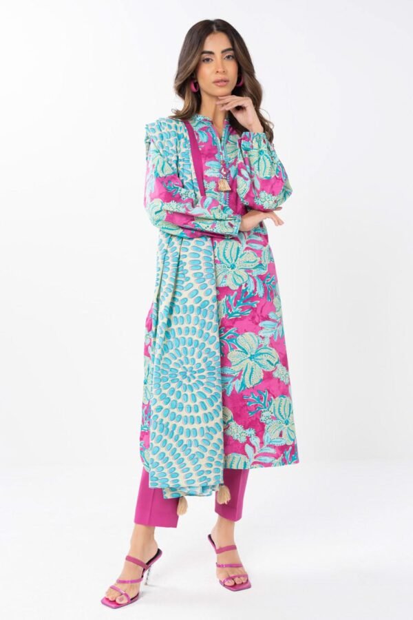 Unstitched 2-Piece Printed Lawn Shirt with Silver Lawn Dupatta – Pink