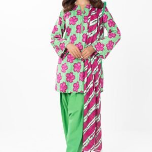 Unstitched 2-Piece Printed Lawn Shirt with Silver Lawn Dupatta – Green