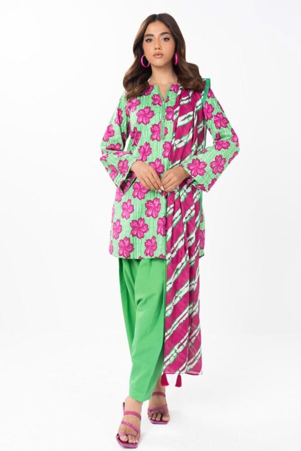 Unstitched 2-Piece Printed Lawn Shirt with Silver Lawn Dupatta – Green