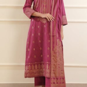 Unstitched Jacquard Cotton 3-Piece Suit - Garnet Red | Shirt, Trouser & Dupatta